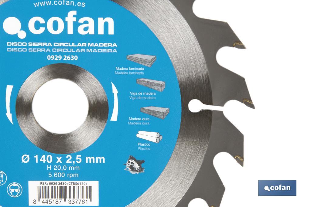 Disco de corte para madera 140x2.5 mm 20 dientes, eje 20 mm