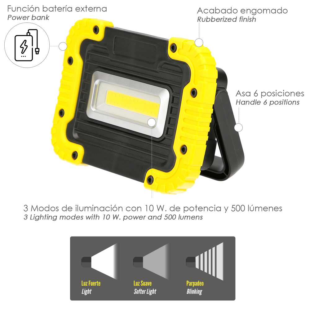 LINTERNA LED RECARGABLE MULTIFUNCIÓN 2.000 MAH. / 10 W./ 500 LÚMENES / 4 IMANES / BATERIA EXTERNA / SOPORTE 180º