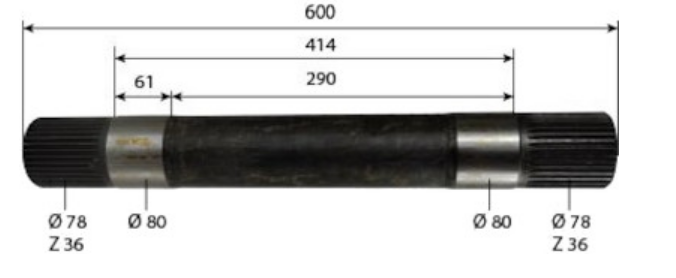 EJE BRAZO ELEVADOR 600 mm, Ø 80 MM, Z36 estrías Adaptable a JOHN DEERE Serie 6000/7000