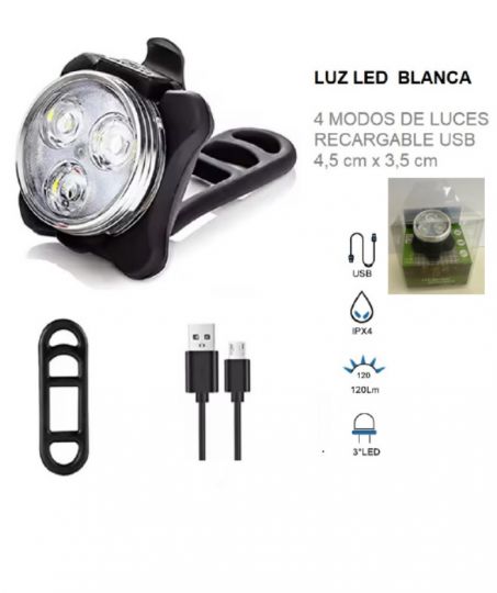 LUZ LED RECARGABLE USB BLANCA 4 MODEOS DE JUEGO DE LUCES 4.5 X 3.5 CM (BICI)
