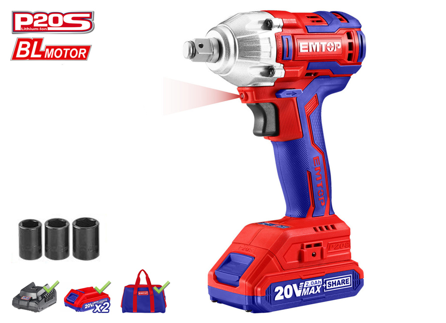 KIT PISTOLA DE IMPACTO EMTOP BATERÍA 20V - P20S - (CON VASOS 17-19-21, 2 BATERIAS, CARGADOR Y BOLSA)