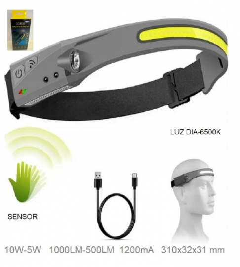 LAMPARA DE CABEZA LED COB RECARGABLE USB CON SENSOR 120mAh