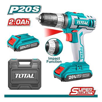 TALADRO PERCUTOR BATERÍA TOTAL 20V P20S 45NM 18+1+1 (INCLUYE 2 BATERÍAS, CARGADOR, MALETIN)